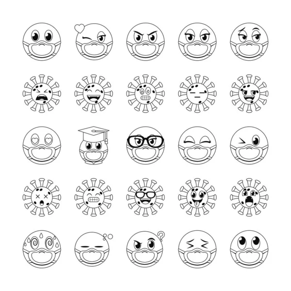 Emojis con máscaras estilo línea icono conjunto vector diseño — Vector de stock