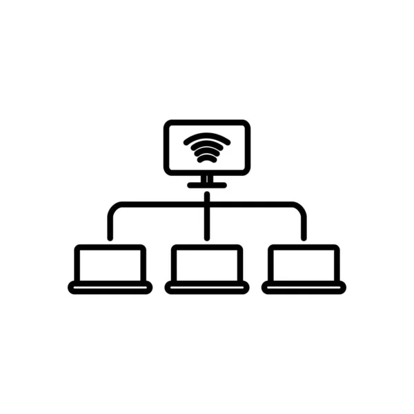 Scheme of modern computers network, laptop computers connected to network computer, line style — Stock Vector