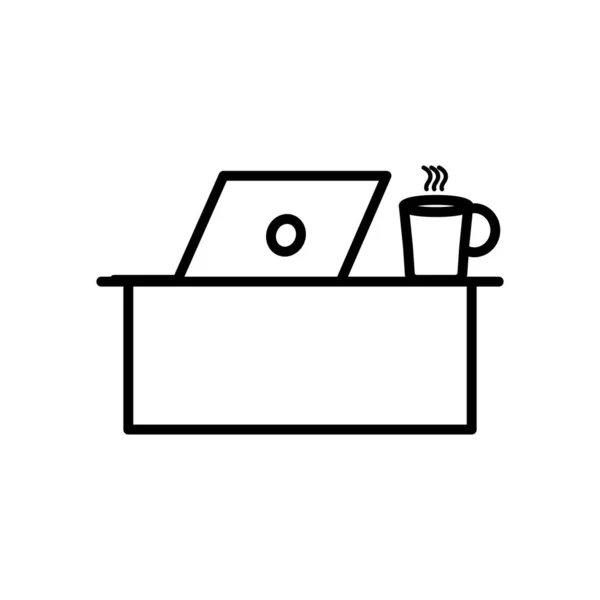 Стіл з комп'ютером ноутбука і значком чашки кави, стиль лінії — стоковий вектор