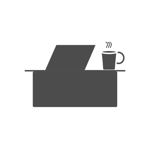 Стіл з портативним комп'ютером і значком для чашки кави, стиль силует — стоковий вектор