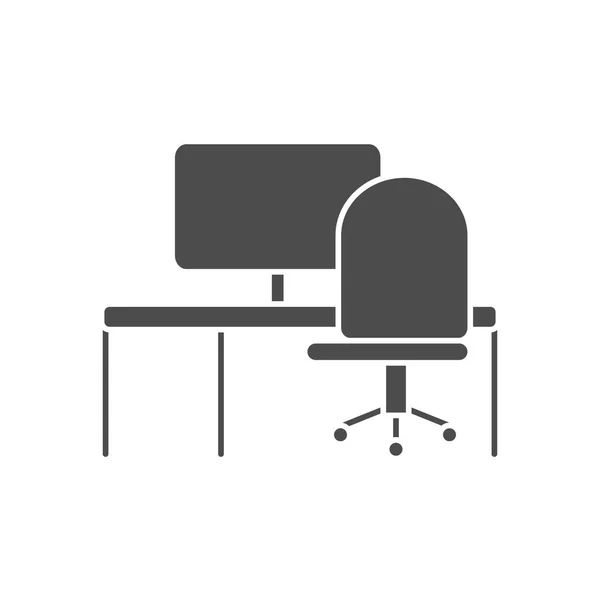 Silla de oficina y escritorio con computadora, estilo silueta — Vector de stock