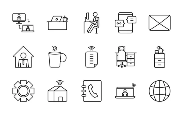 Sobre, conjunto de iconos de trabajo y tecnología, estilo de línea — Vector de stock