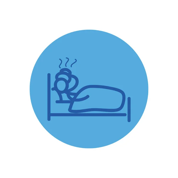 Stickfigure met koorts op bed blok stijl pictogram vector ontwerp — Stockvector