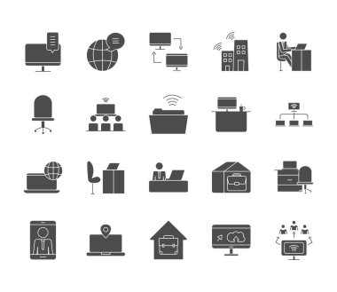 küresel küre ve çalışma simgesi seti, siluet biçimi