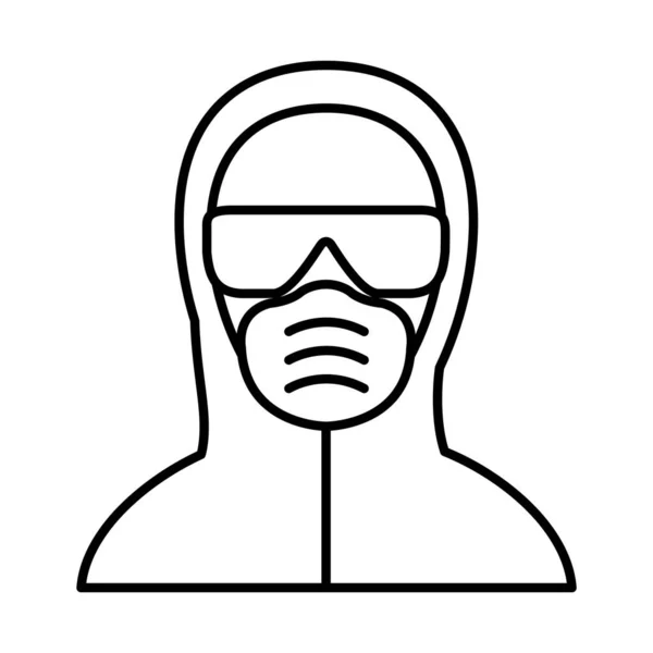 Mężczyzna z okularami ochronnymi, ikoną maski i garnituru, styl linii — Wektor stockowy