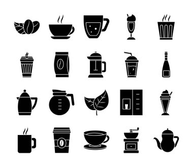 Yapraklar ve kahve içecek ikonu seti, siluet tarzı