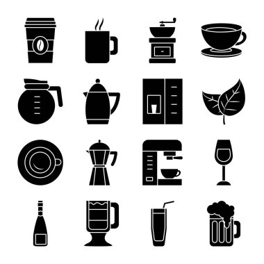 Şarap bardağı ve kahve ikonu seti, siluet tarzı.
