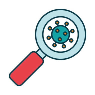 Coronavirus virüsü simgesi, çizgi ve dolgu stili olan büyüteç