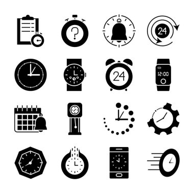 cep telefonu ve zaman simgesi seti, siluet biçimi