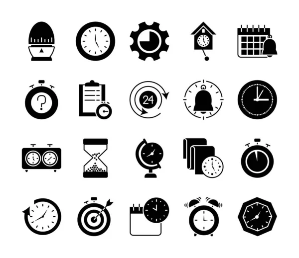Hourglass and clocks icon set, silhouette style — Stock Vector