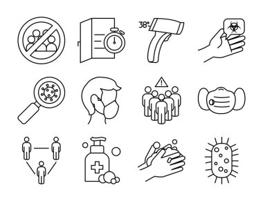 el yıkama ve koronavirüs ikon setini durdur, satır biçimi
