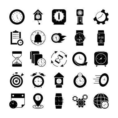 konum pin ve saat simgesi seti, siluet biçimi