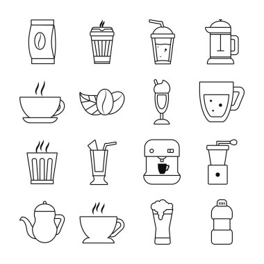Kahve çekirdekleri ve kahve içecekleri ikon seti, çizgi tarzı.