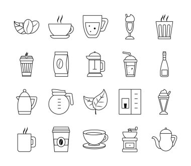 Yapraklar ve kahve içecek ikonu seti, satır biçimi