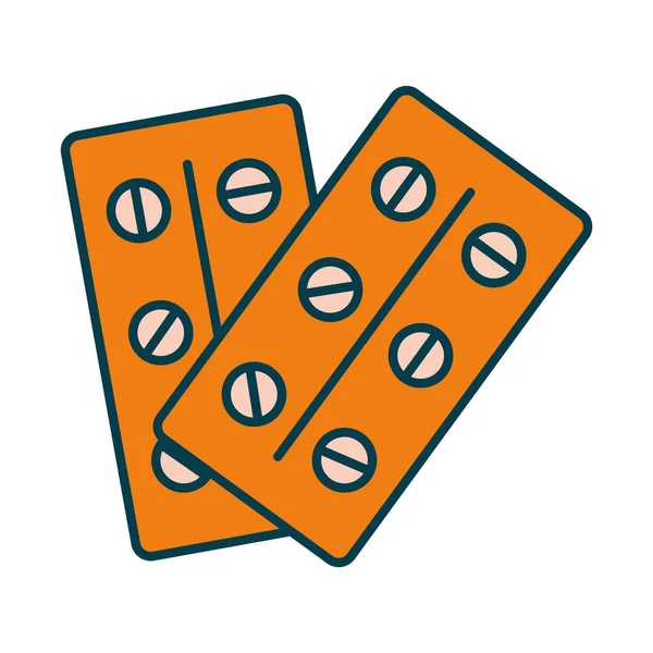 Farmaco pillole blister icona, linea e riempire stile — Vettoriale Stock