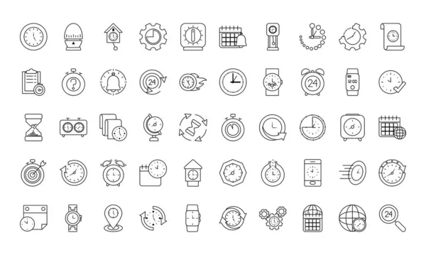 Tiempo y relojes icono conjunto, estilo de línea — Vector de stock