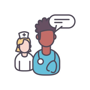 Kabarcık ve hemşire çizgisi olan erkek doktor ve biçim ikonu vektör tasarımı