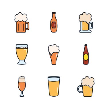Bira bardakları ve içki şişeleri ikonu seti, satır doldurma tarzı