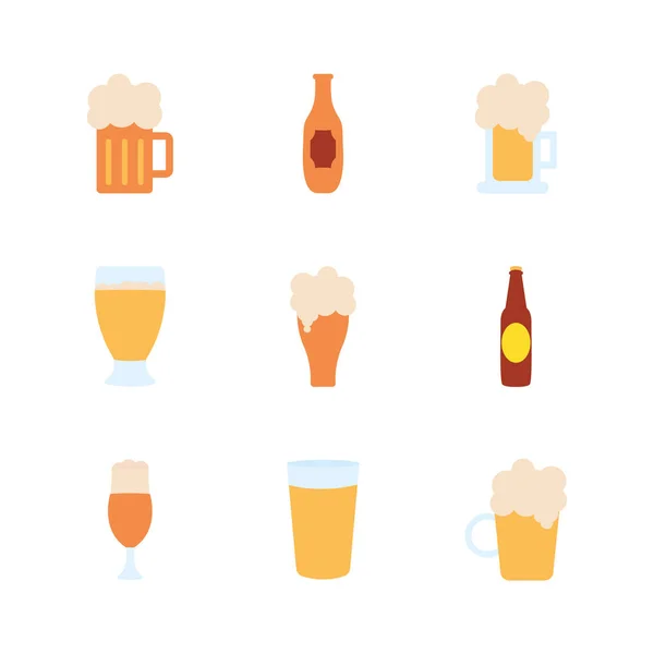 Zestaw ikon kieliszków do piwa i butelek z alkoholem, płaski — Wektor stockowy