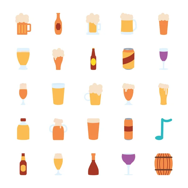 Zestaw ikon kieliszków i butelek do piwa, płaski — Wektor stockowy
