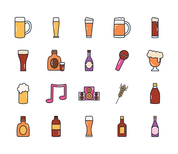 Bierglazen en likeur flessen icoon set, lijn vullen stijl — Stockvector