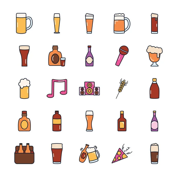 Garrafas de cerveja e garrafas de licor conjunto de ícones, estilo de preenchimento de linha — Vetor de Stock