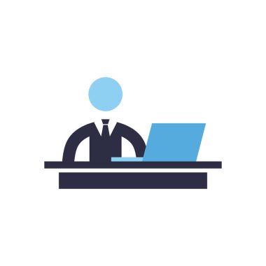 Dizüstü bilgisayarı düz stil vektör tasarımına sahip iş adamı