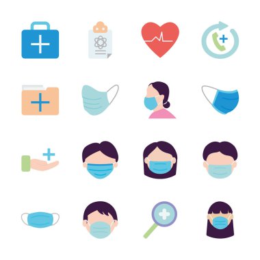 kardiyo kalp ve tıbbi bakım ikonu seti, düz stil