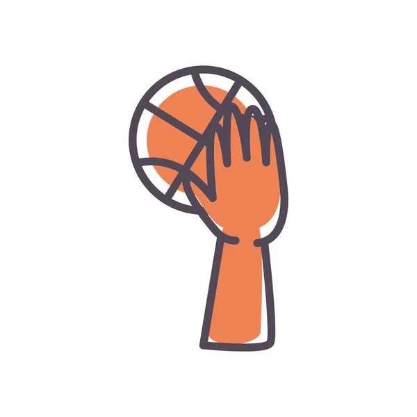 Tangan dengan bola garis basket dan desain vektor ikon isian gaya - Stok Vektor