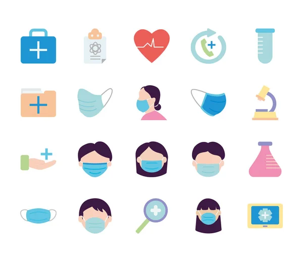 Lupa y conjunto de iconos de atención médica, estilo plano — Vector de stock