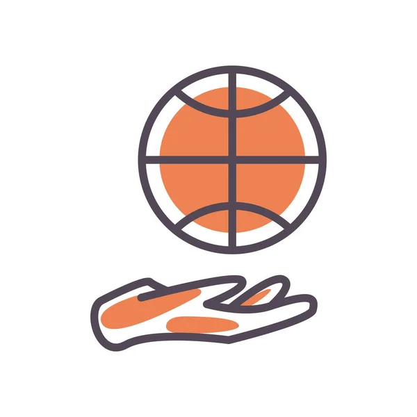 Ball over de hand van basketbal lijn en vul stijl pictogram vector ontwerp — Stockvector