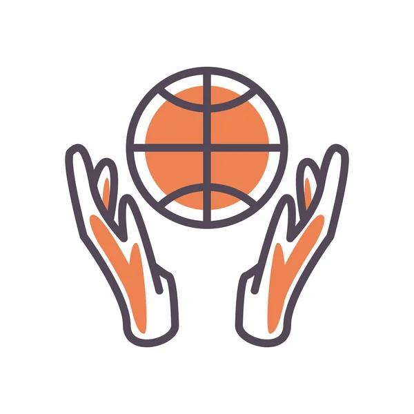 Ball tussen handen van basketbal lijn en vul stijl pictogram vector ontwerp — Stockvector