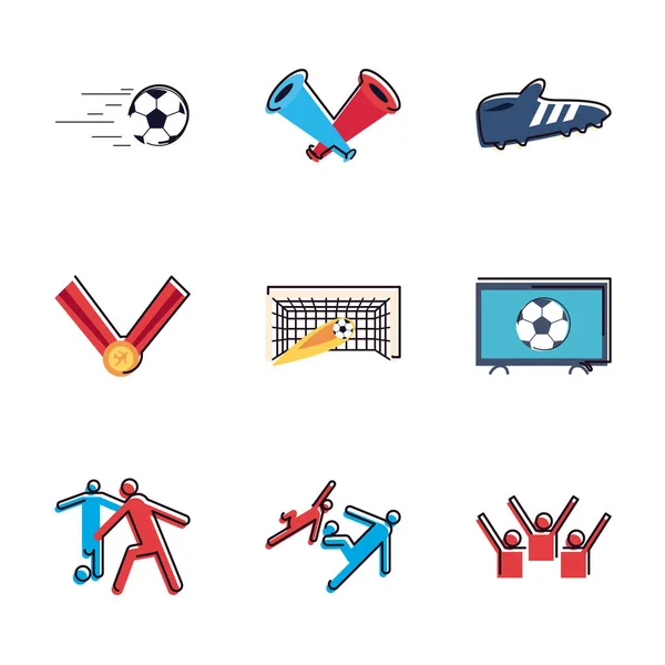 Linha de futebol e design de vetor conjunto de ícones de estilo de preenchimento — Vetor de Stock