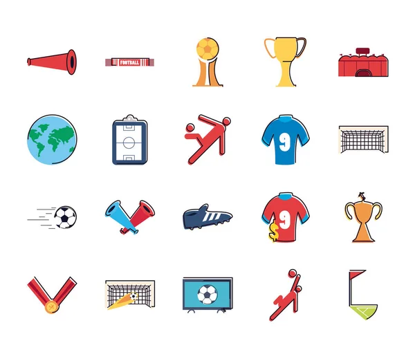 Linha de futebol e design de vetor conjunto de ícones de estilo de preenchimento — Vetor de Stock