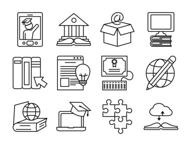 bilgisayarlar ve eğitim çevrimiçi simge seti, satır biçimi