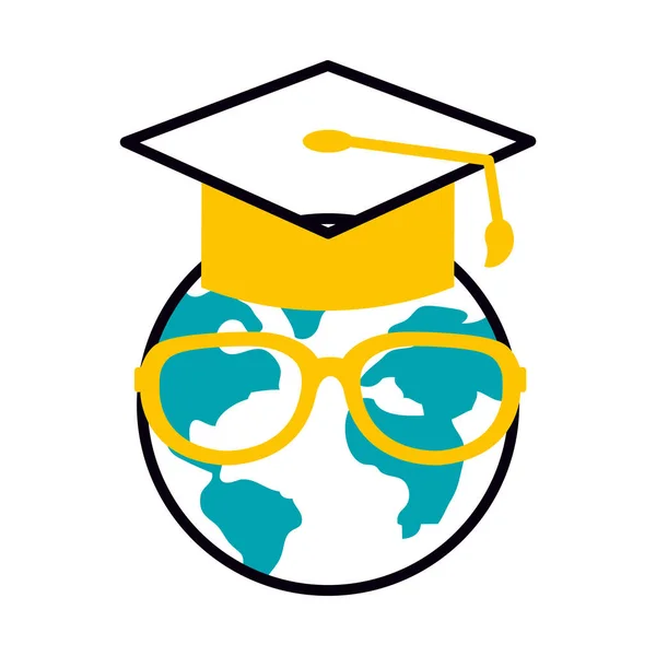 Concept d'éducation en ligne, planète terre avec lunettes et icône de chapeau de graduation, demi-ligne style demi-couleur — Image vectorielle