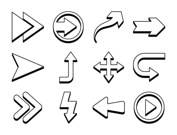 Play Pfeil und Pfeile Symbole Symbolsatz, Linienstil — Stockvektor