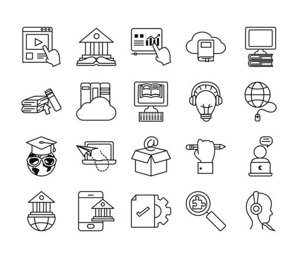Almacenamiento en la nube y conjunto de iconos de educación en línea, estilo de línea — Vector de stock