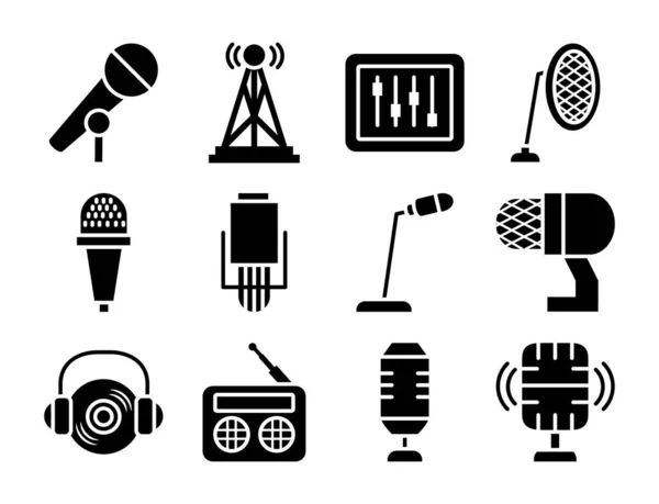 Desk microphone and microphones icon set, silhouette style — Stock Vector