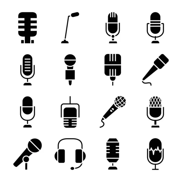 Fones de ouvido e retro microfone ícone definido, estilo silhueta — Vetor de Stock