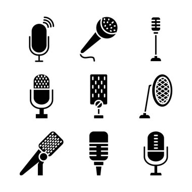 podcasting ve retro mikrofon simgesi seti, siluet biçimi