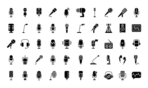 Podcast and microphones icon set, silhouette style — Stock Vector