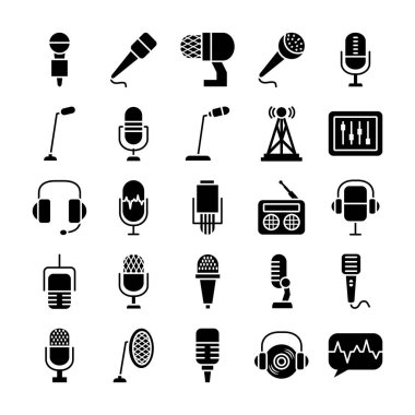 radyo ve retro mikrofon simgesi seti, siluet biçimi