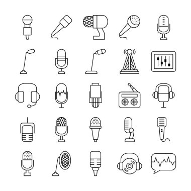 radyo ve retro mikrofon simgesi seti, satır biçimi