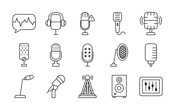 Speaker and retro microphone icon set, line style — Stock Vector