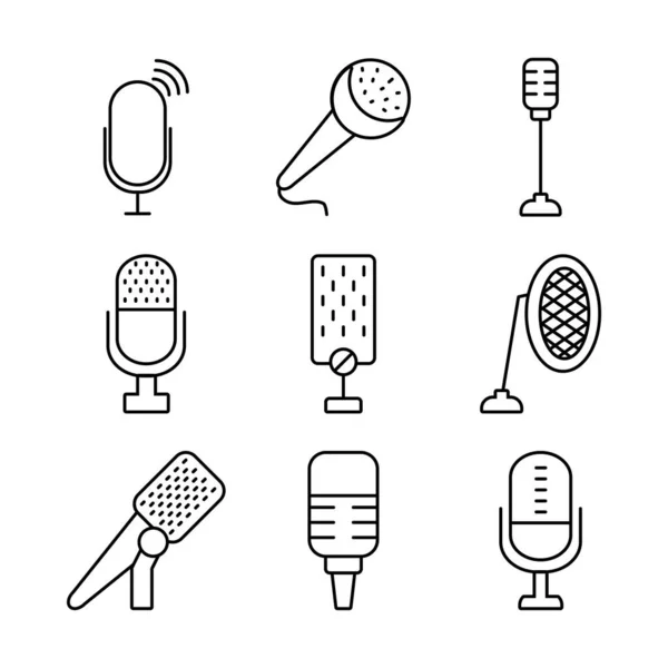 Podcasting and retro microphones icon set, line style — Stock Vector