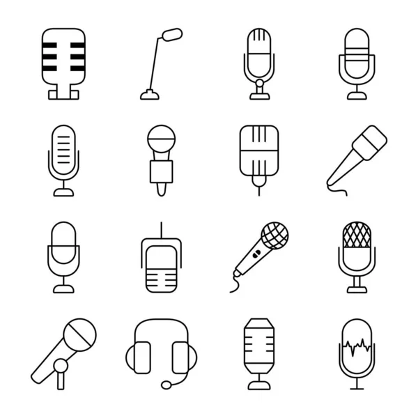 Headphones and retro microphone icon set, line style — Stock Vector