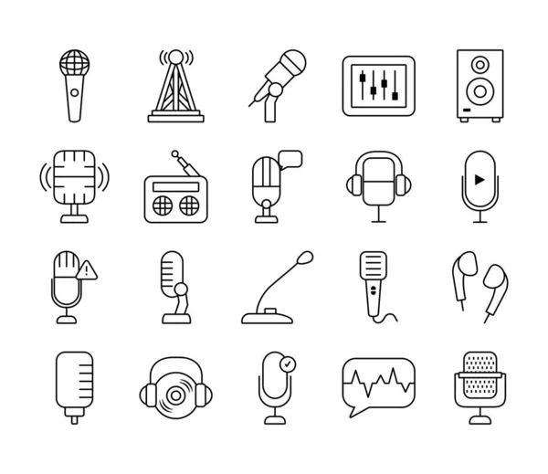 Konferenzmikrofon und Retro-Mikrofon-Icon-Set, Line-Stil — Stockvektor