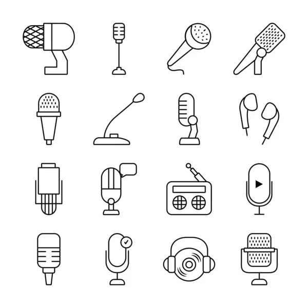 Earphones and microphones icon set, line style — Stock Vector