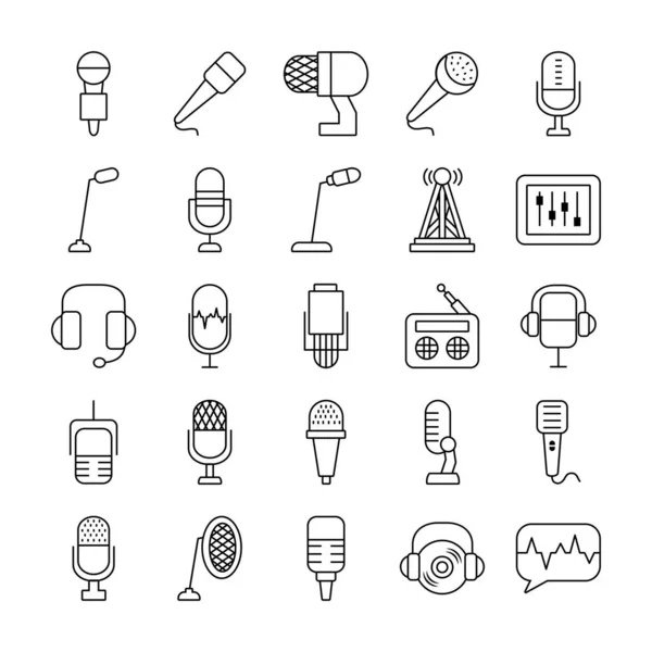 Radio und Retro-Mikrofon Icon Set, Line-Stil — Stockvektor